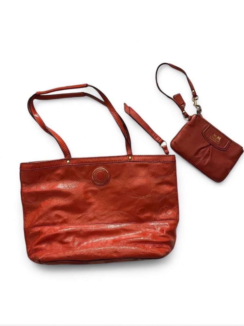 Coach Orange Leather Shoulder Bag and Wristlet Set